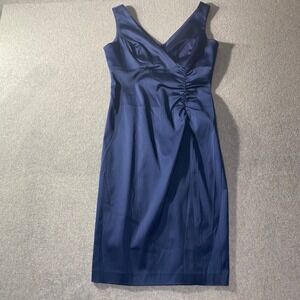 Donna Ricco Cocktail Dress Women 4P Navy Blue Satin Ruched V-Neck Sheath EUC